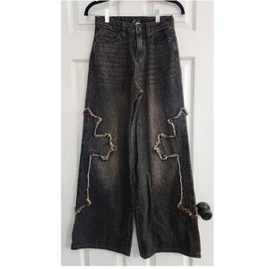 Social Collision Black Vintage Wash Gothic Cross Wide Leg Jeans JUNIOR Size 0